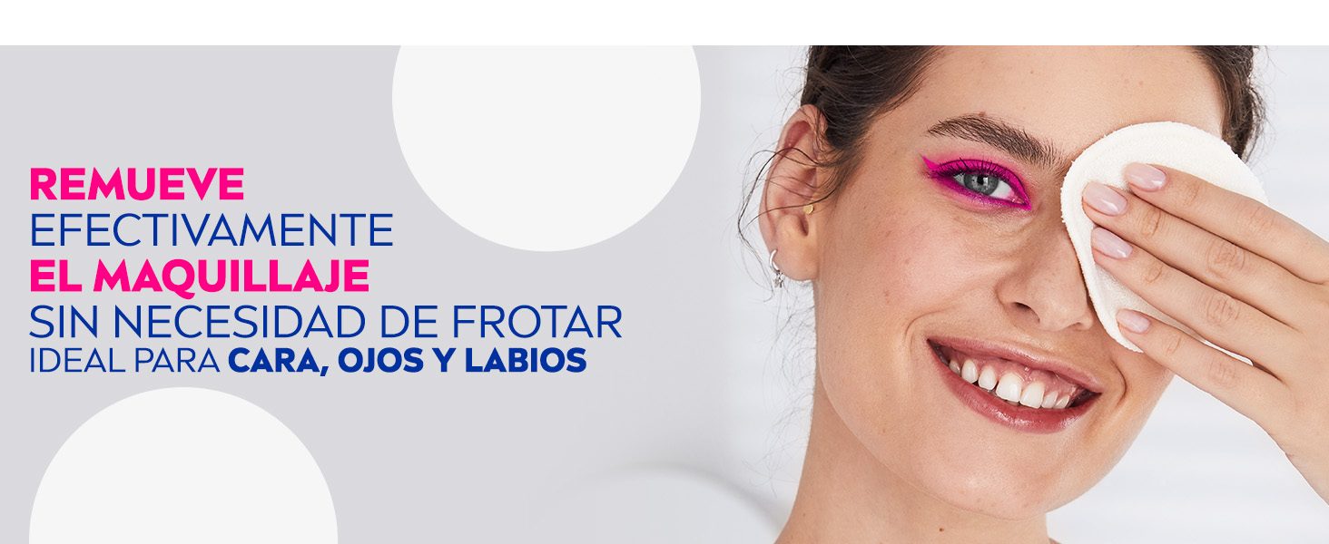 Remueve maquillaje sin necesidad de frotar. Ideal para cara, ojos y labios