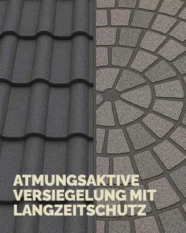 Side-by-side comparison of roofing materials: dark gray curved tiles on left, circular patterned stone pavers on right. German text at bottom suggests long-term protective sealing.