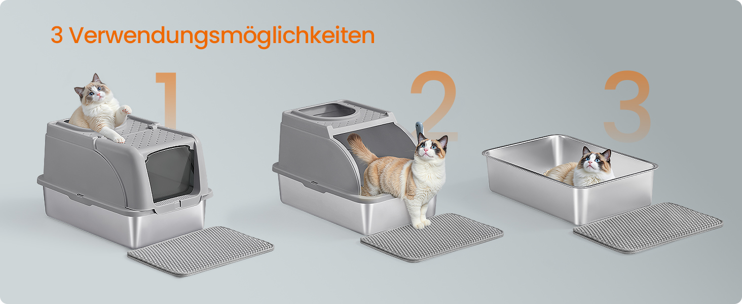 Drei Konfigurationen eines grauen modularen Katzentoilettensystems mit befestigten Matten. Zeigt Optionen für geschlossene, halbgeschlossene und offene Designs an, bei denen Katzen die Verwendung demonstrieren