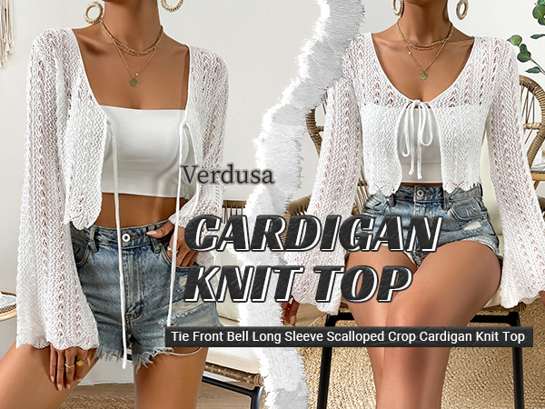 Verdusa Women's Tie Front Bell Long Sleeve Crop Cardigan