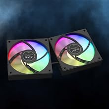 Two square computer cooling fans with RGB lighting. Fans display a rainbow of colors, suggesting customizable LED effects.
