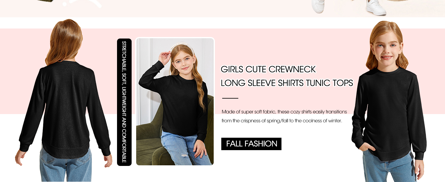 Girls Casual Crew Neck Sweatshirt Loose Soft Cute Long Sleeve Pullover Tops for Tween