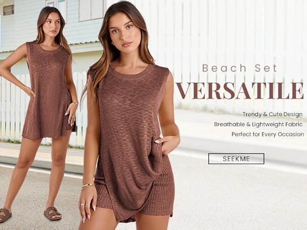 SeekMe Womens Summer Knit Sweater Set Sleeveless Tunic Top