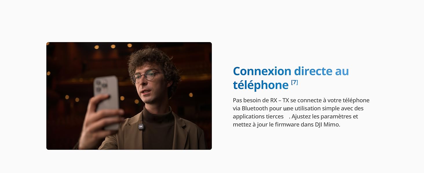 Le texte indique « Connexion directe au téléphone ». Images de démonstration du produit illustrant les fonctionnalités de connectivité sans fil et les scénarios d'utilisation.