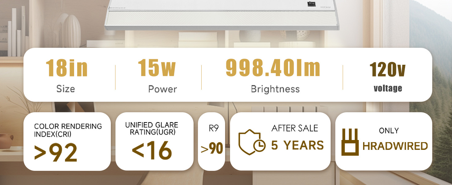 Ansen Hardwired Under Cabinet Lighting, 18inch 15W LED Light for Kitchen/Closet, Dimmable, 3CCT