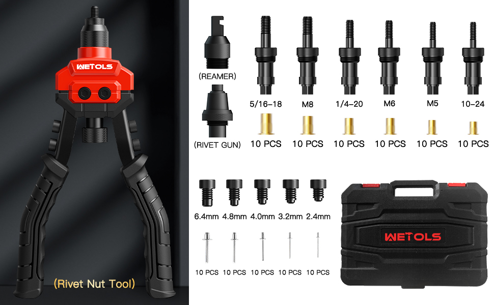 WETOLS 3 in 1 Rivet Nut Tool, Rivet Gun, Reamer Set
