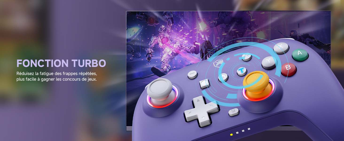 avec superposition de texte « Fonction Turbo », avec des boutons et des commandes colorés sur un fond cosmique violet