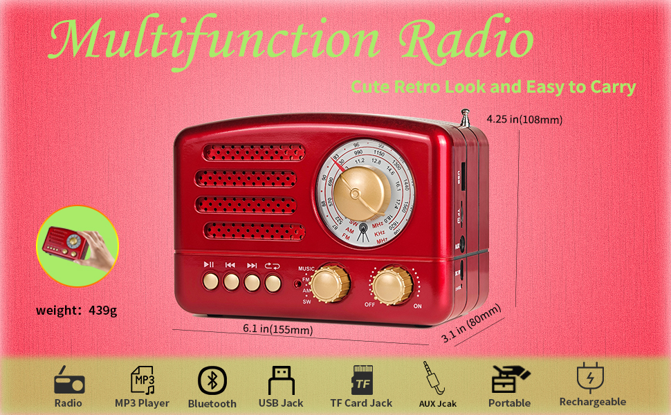 Amazon.com: Retro Portable AM/FM Vintage Radio with Bluetooth