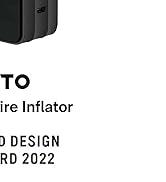 Aparato rectangular negro con superficie lisa y bordes redondeados. Texto parcial visible: «TO» e «ire Inflator». El texto del premio menciona 'D DESIGN' y 'RD 2022'.