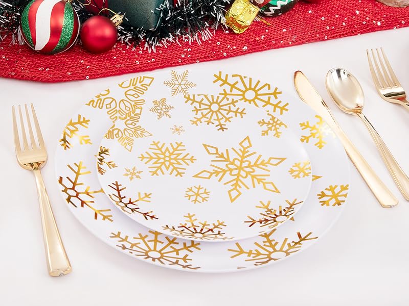WDF 50 Pieces Plastic Christmas Plates White and Gold Plates with Snowflake