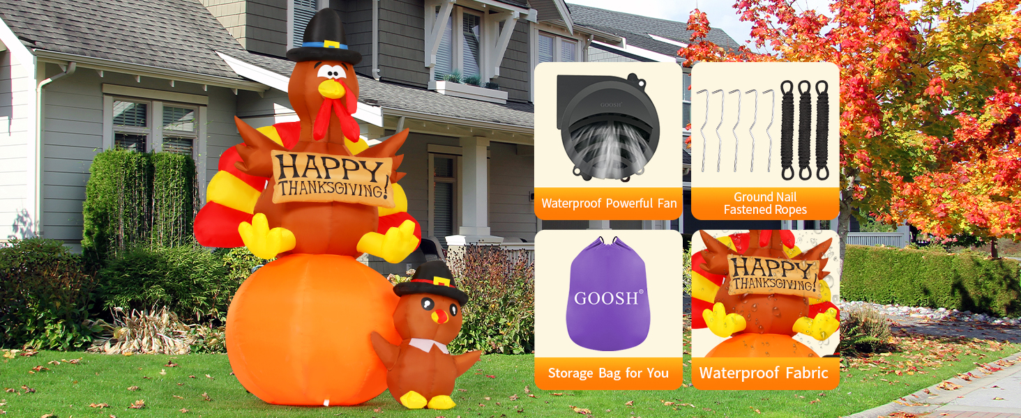  6 FT Height Thanksgiving Inflatables Turkey on Pumpkin & Little Turkey 
