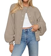 MEROKEETY Women's Fall Long Lantern Sleeve Cardigan Sweaters Casual Button Down Crewneck Open Fro...