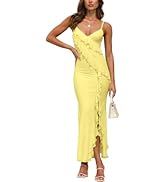 GRMLRPT Women's Sexy V Neck Maxi Dress Backless Bodycon Spaghetti Strap Mesh Ruffle High Slit Coc...