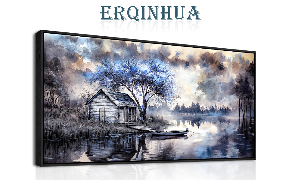 Blue Tree Lakeside Landscape Painting Black Frame