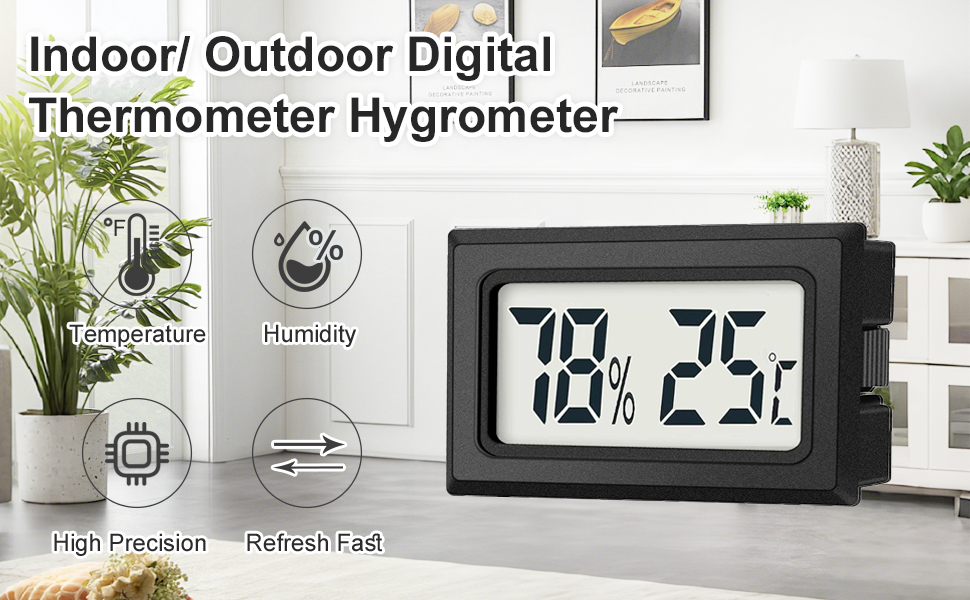 Der Text lautet „Digitales Thermometer, Hygrometer für den Innen- und Außenbereich“. Digitales Anzeigegerät zur Anzeige von Temperatur und Luftfeuchtigkeit mit Symbolen für Funktionen mit hoher Präzision und Bildwiederholfrequenz. Weiße Zimmerpflanzen im Hintergrund sichtbar.