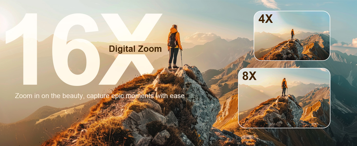 Der Text lautet „4X“, „8X“, „16X“. Panoramafotografie-Serie mit progressiven Zoomstufen einer Berglandschaft bei Sonnenuntergang.