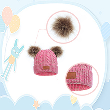 Pink knit beanie with a large, fluffy pompom on top. Inset image shows two variations: one with single pompom, another with two.