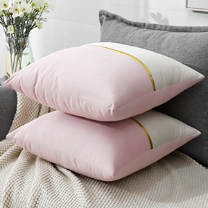Artscope Pink White Velvet Cushion Covers with Gold Leather Patchwork Luxury Modern Minimalist Square Pillowcase Throw Pillow Covers for Living Room Bed Couch Sofa 45x45cm Set of 2 29 Set of 2 Cushion Cover for Luxury Modern Minimalist Gold Leather Stitching Wavy Stripes