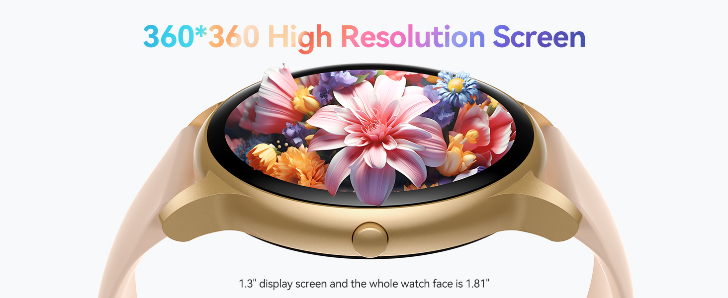 Circular smartwatch display showing vibrant floral image with '360° High Resolution Screen' text, featuring gold-toned casing and crown button.