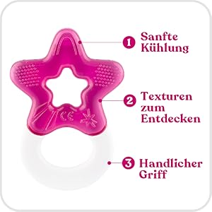 Pink star-shaped teething toy with textured surface. German text labels indicate features: gentle cooling, textures for discovery, and ergonomic grip.