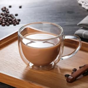 Dyserbuy 4 Pack Double Walled Glass Mug, Cappuccino Drinking Cups, Insulated Glass Coffee Cup with Handle, Perfect for Cappuccino, Latte, Espresso, Tea, Juice, Beverage (250ml/ 8.5oz) 21 Set of 4 Clear Glass Coffee Cups with Handle