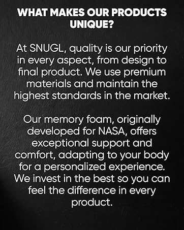 Marketing text overlay on black background describing product quality standards and memory foam technology originally developed for NASA.