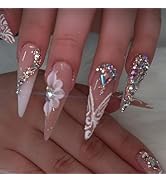 SINHOT Stiletto Press on Nails Long Fake Nails Glossy Glue on Nails Luxury Rhinestones Acrylic Na...