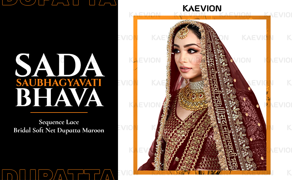 KAEVION 2.5M Red Net Sada Saubhagyavati Bhava Bridal Wedding Dupatta Sequence lace Dulhan Chunni