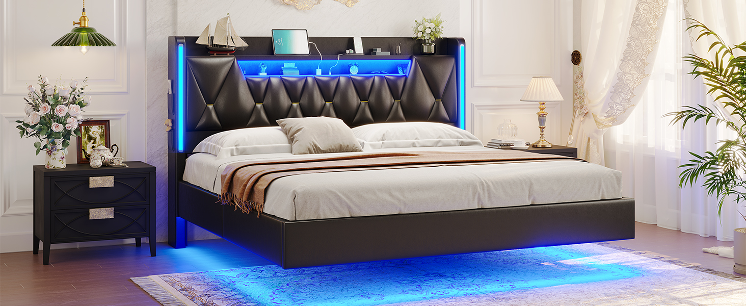 busyaeh King Size Bed Frame with LED Lights, TypeC & USB