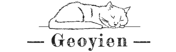 Der Text lautet „Geoyien“ mit einer einfachen Strichzeichnung einer schlafenden Katze über dem Text. Minimalistischer Schwarz-Weiß-Illustrationsstil.