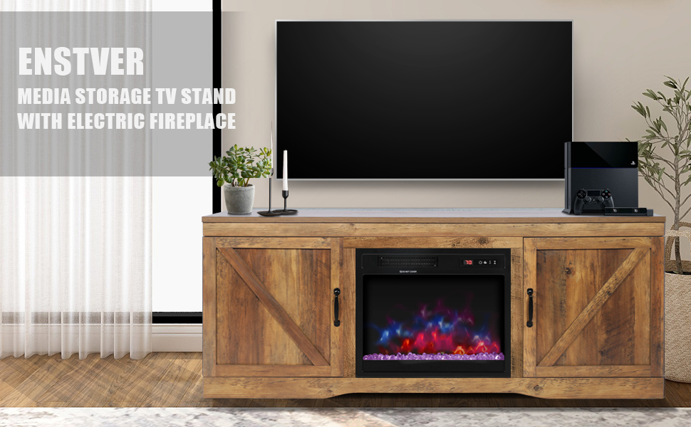 ENSTVER Fireplace TV Stand with Barn Door,Wood Media