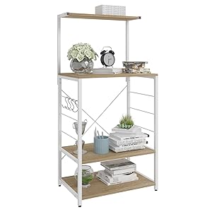 WOLTU Scaffale Per Cucina In Acciaio Legno 4 Ripiani Ganci Carrello Microonde Legno+Nero 12 1
