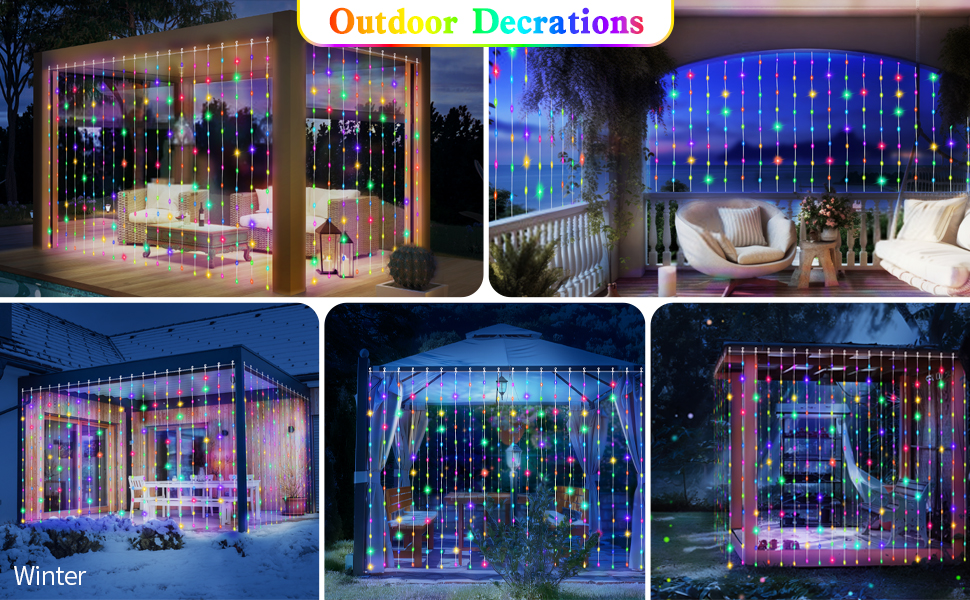 Solar Curtain Lights,300 LED Outdoor Waterfall String Lights Waterproof
