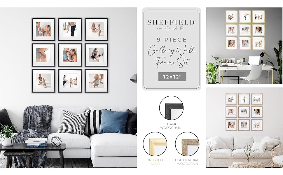 Sheffield Home 9 Piece Gallery Wall Frame Set, 12x12 in. Matted to 8x8 in. (Gold)