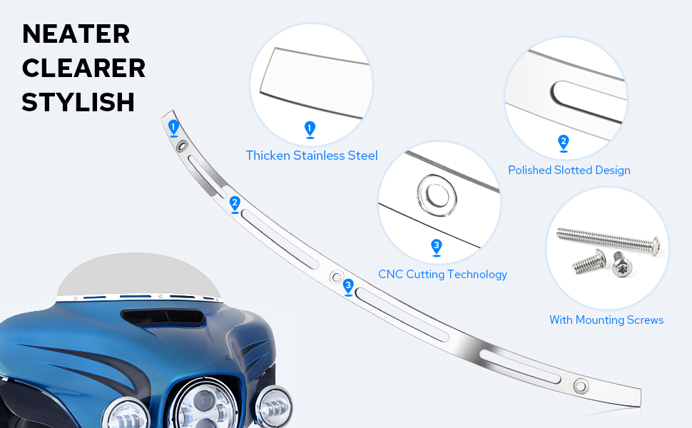 Benlari Upgraded Motorcycle Windshield Trim, Polished Stainless Slotted Batwing