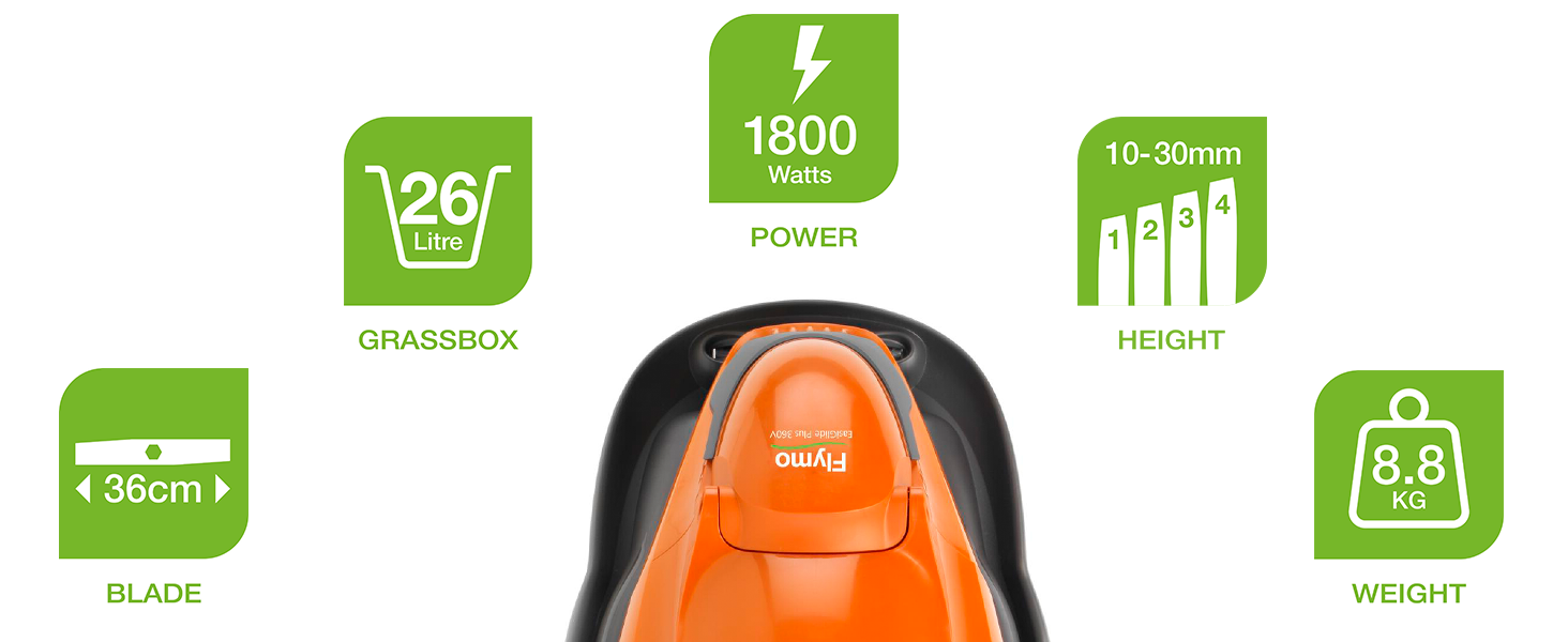 Utilising powerful specs for a neat lawn, 1800W, 38cm, 26L,10-30mm