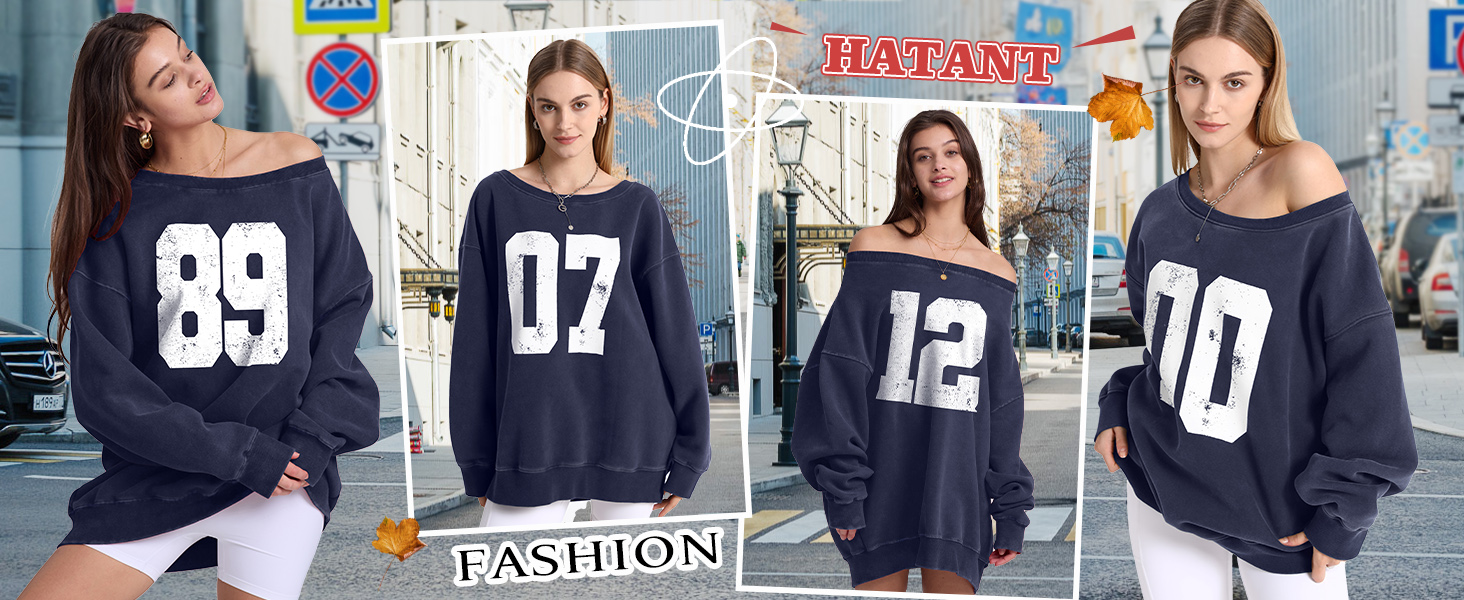 Hatant Graphic Off The Shoulder Sweatshirts Heavyweight Hoodies Y2K Numeric Print Fleece Hoodies