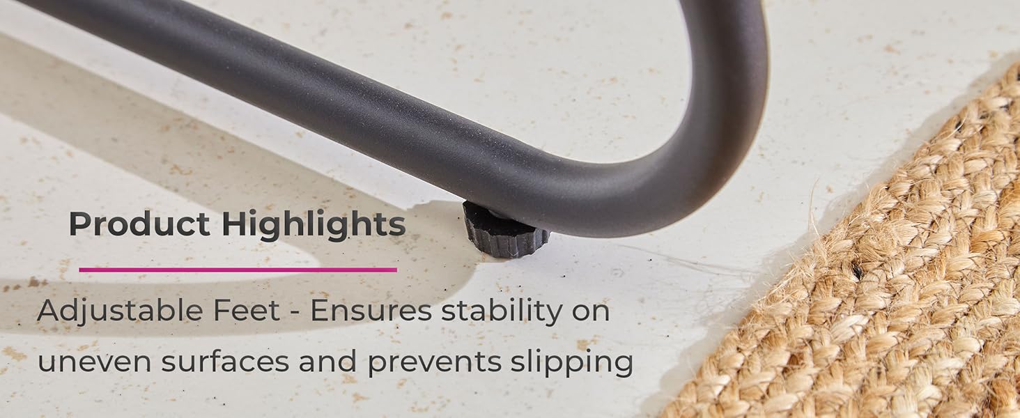 Close-up of a curved metal bar with an adjustable foot pad resting on a textured surface. Text highlights the product's stability features on uneven surfaces.