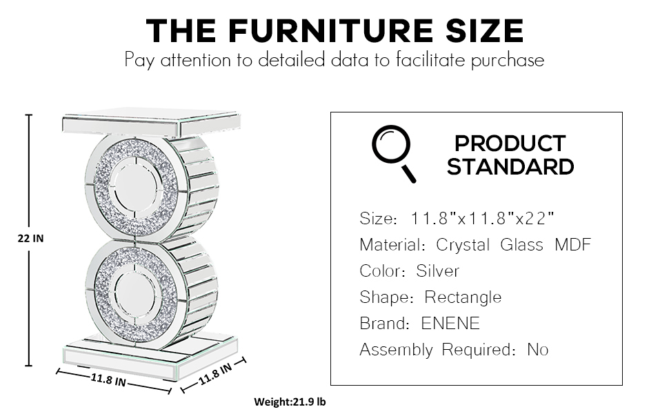 ENENE Mirrored End Table Crushed Diamond Coffee Table for