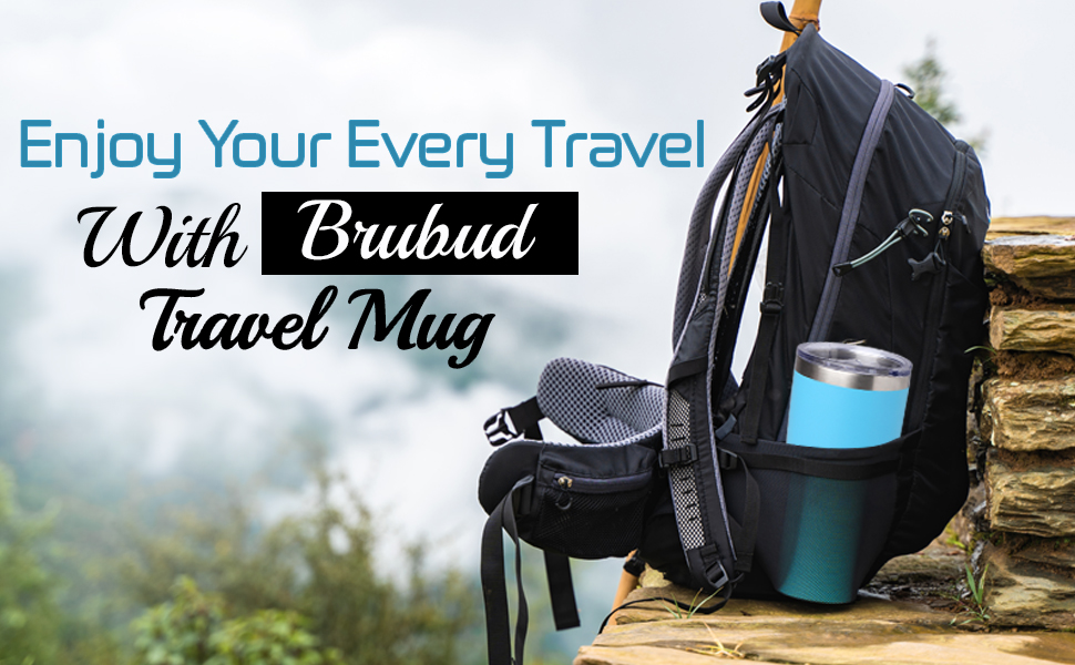 Brubud Travel Tumbler Kept in a Backpack at the Edge of a Hill