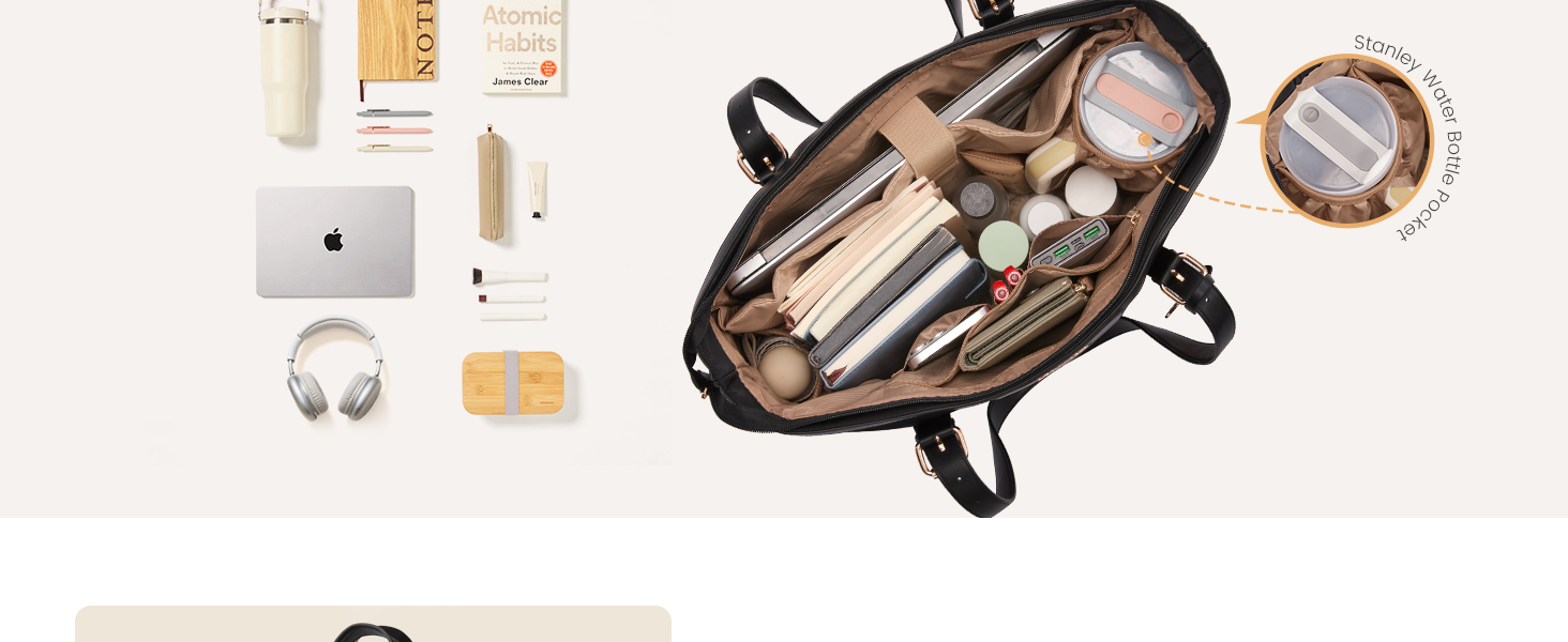 lightweight work tote bag internal pockets on both sides can hold large water bottles and umbrellas