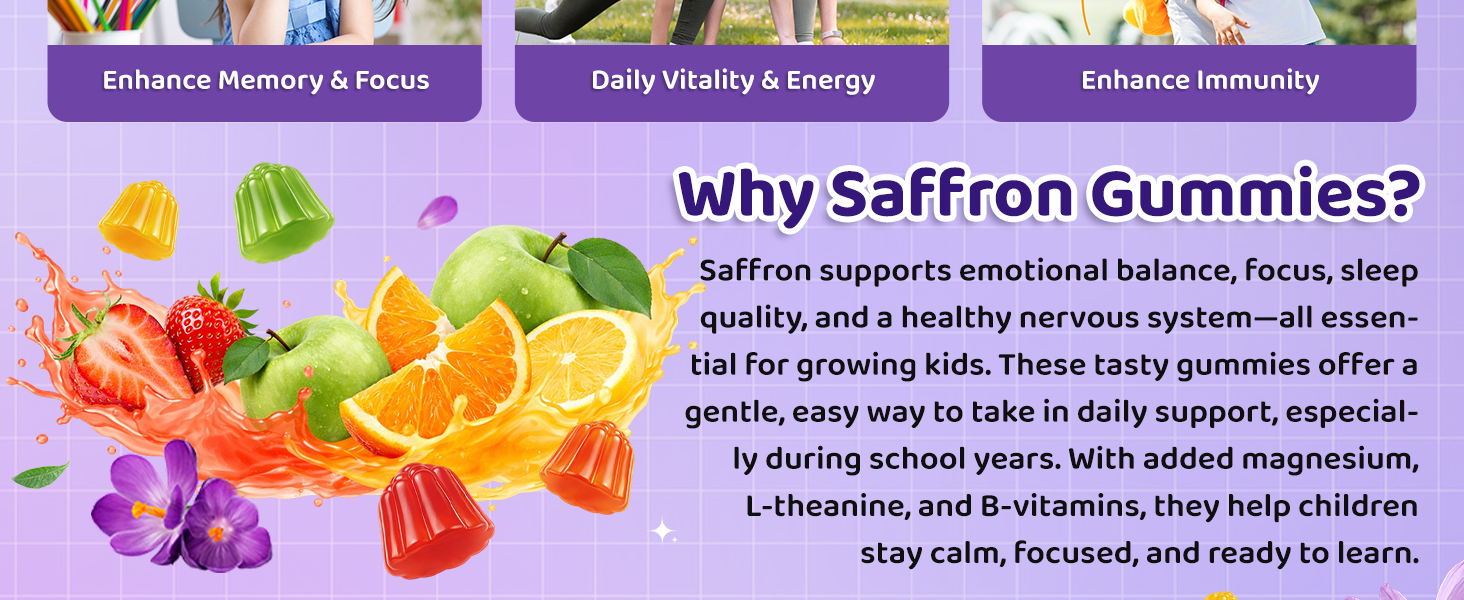 Saffron Gummies for Kids & Adults, 20-in-1 Saffron Supplements with 88.5mg Saffron Extract, B6, B12, C, D3, Magnesium for Calm, Focus, Nerve, Sugar Free, Vegan, Non-GMO - Mixed Fruit Flavor, 60 Counts