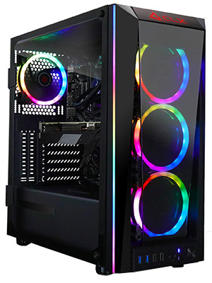 Mid-tower CLX Set gaming pc with three RGB fans showing though front glass panel