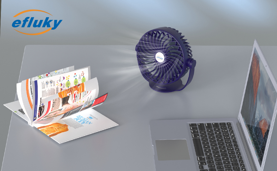efluky Small Desk Fan, 5 Speeds USB Rechargeable Fan Builtin 3200mAh Battery, 360