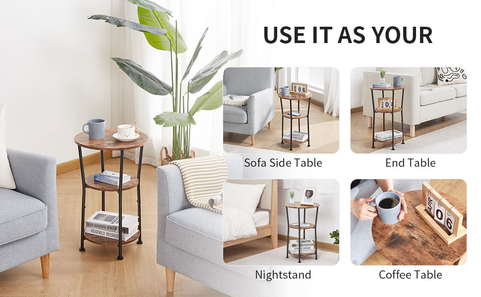 Dulcii Small Round End Table, Rustic Brown 3 Tiers Round Side Table