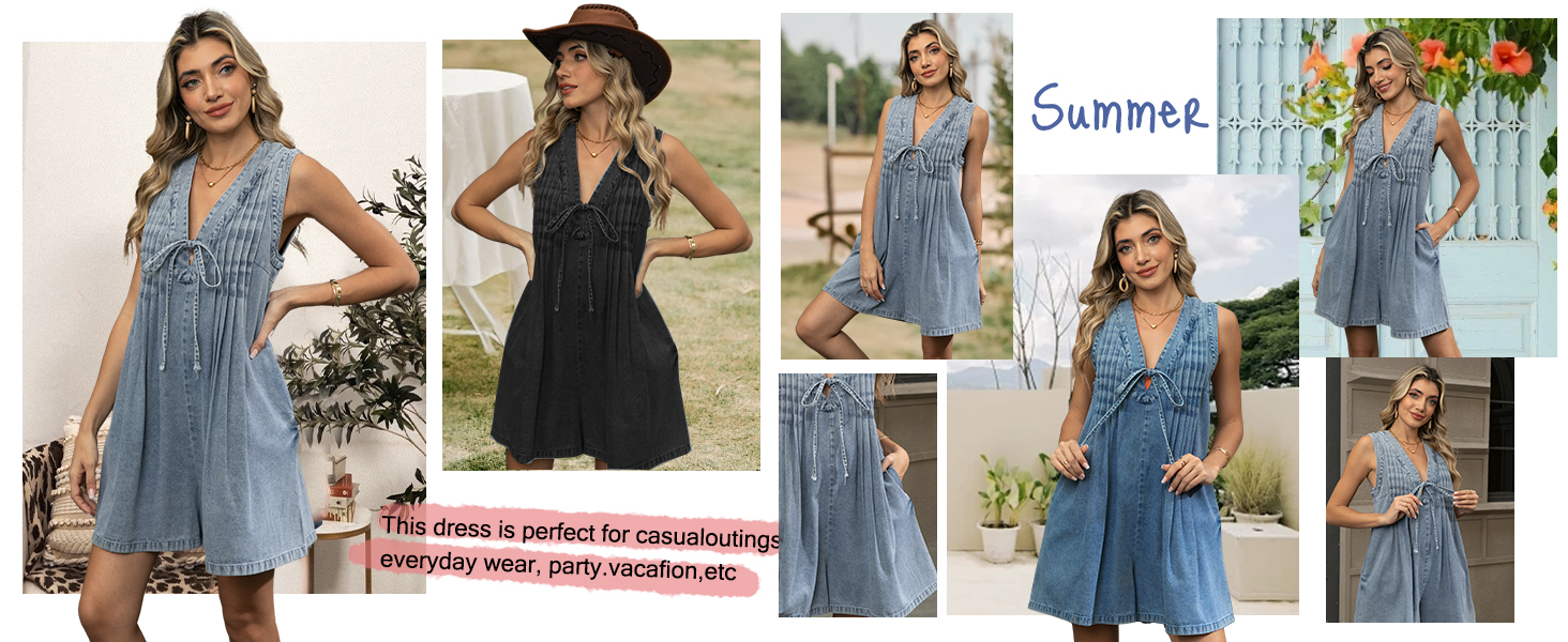 Sleeveless V Neck Shorts Denim Romper