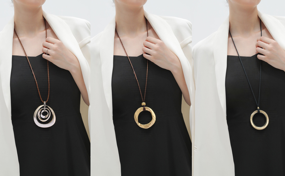 women&#39;s leather long necklace Bohemian necklace circle pendant necklace boho retro necklaces