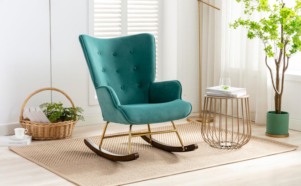 Velvet Rocking Chair Wingback Armchair For Living Room, Green 13 BAR STOOLS SET OF 2