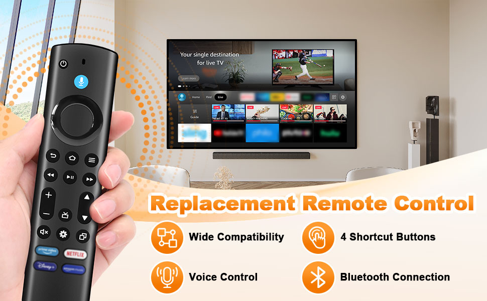 Replacement remote control device shown alongside TV display, featuring voice control, Bluetooth connection, wide compatibility, and shortcut buttons functionality.