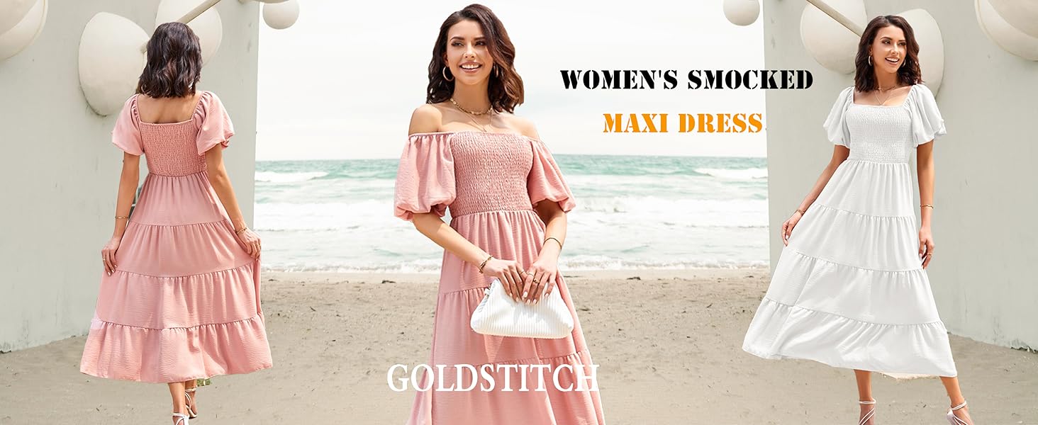 Casual Summer Midi Dress Puffy Short Sleeve Square Neck Smocked Tiered Ruffle Dresses